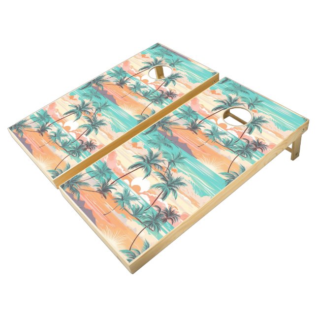 Tropical Beach Sunset Cornhole Set (Angled)