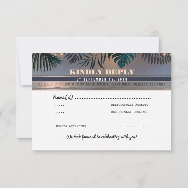 Tropical Beach Sunset Destination Wedding RSVP Card (Front)