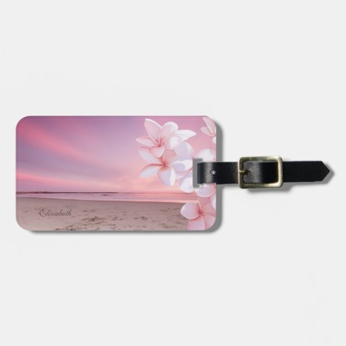 Tropical Beach Sunset Hawaiian Plumeria Luggage Tag