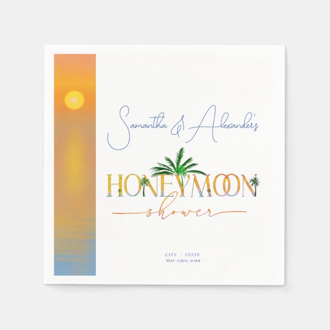 Tropical Beach Sunset Honeymoon Fund Couple Shower Napkins (Front)