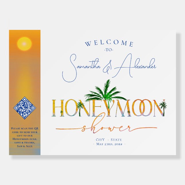 Tropical Beach Sunset Honeymoon Fund Welcome Sign (Front)
