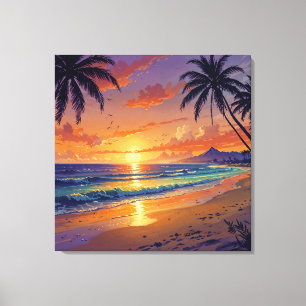 Tropical Beach Sunset - Illustration Style Art Canvas Print