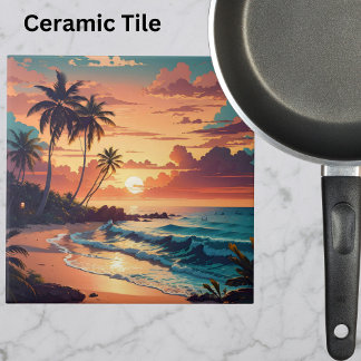 Tropical Beach Sunset Large Ceramic Tile