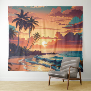 Tropical Beach Sunset Large Tapestry