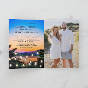 Tropical Beach Sunset Lights Photo QR Code Wedding Invitation