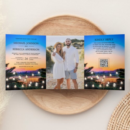 Tropical Beach Sunset Lights Photo QR Code Wedding Tri-Fold Invitation