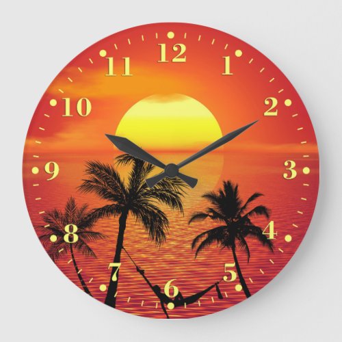 Tropical Beach Sunset Ocean Palm Trees  Large Clock