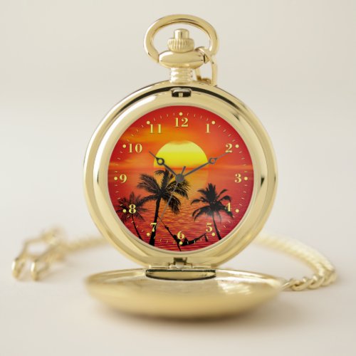 Tropical Beach Sunset Ocean Palm Trees Pocket Watch