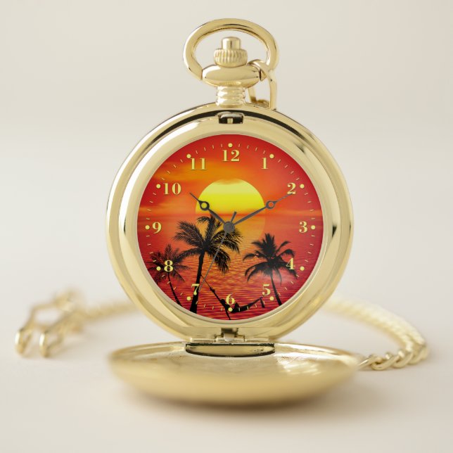 Tropical Beach Sunset Ocean Palm Trees Pocket Watch (Inside)