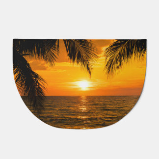 Tropical Beach Sunset Palm Illustration Doormat