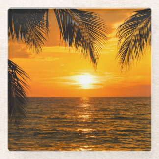 Tropical Beach Sunset Palm Illustration Glass Coaster