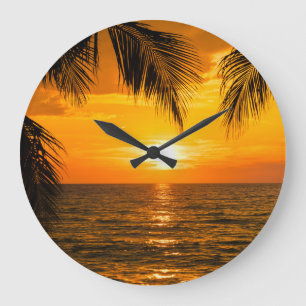 Tropical Beach Sunset Palm Illustration Large Clock