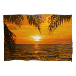 Tropical Beach Sunset Palm Illustration Pillow Case