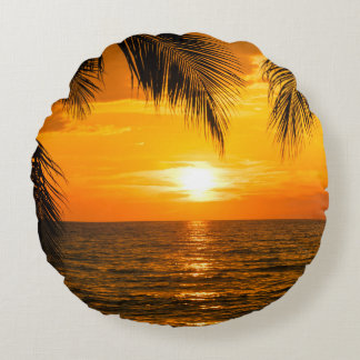 Tropical Beach Sunset Palm Illustration Round Pillow
