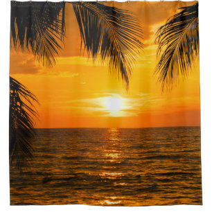Tropical Beach Sunset Palm Illustration Shower Curtain