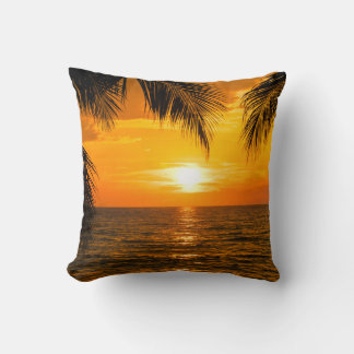 Tropical Beach Sunset Palm Illustration Throw Pillow