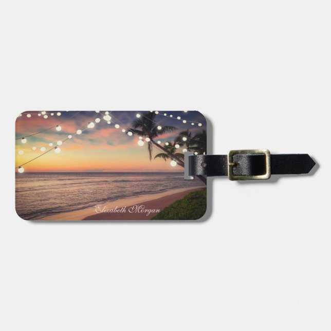 Tropical Beach,Sunset, Palm, String Lights Luggage Tag (Front Horizontal)