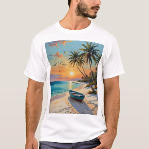 Tropical Beach Sunset Palm Tree Paradise Art Tee