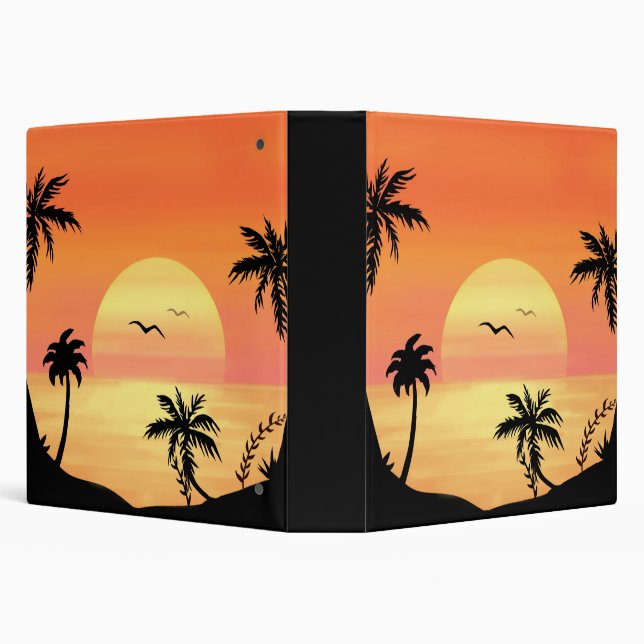 Tropical Beach Sunset Palm Tree Silhouette Art 3 Ring Binder (Background)