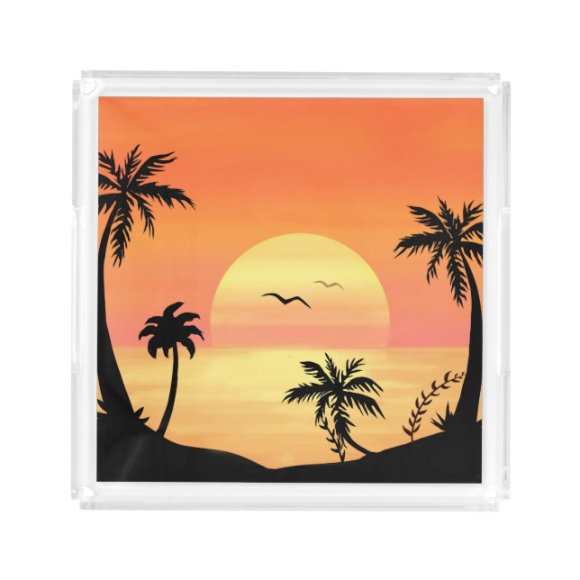 Tropical Beach Sunset Palm Tree Silhouette Art Acrylic Tray (Front)