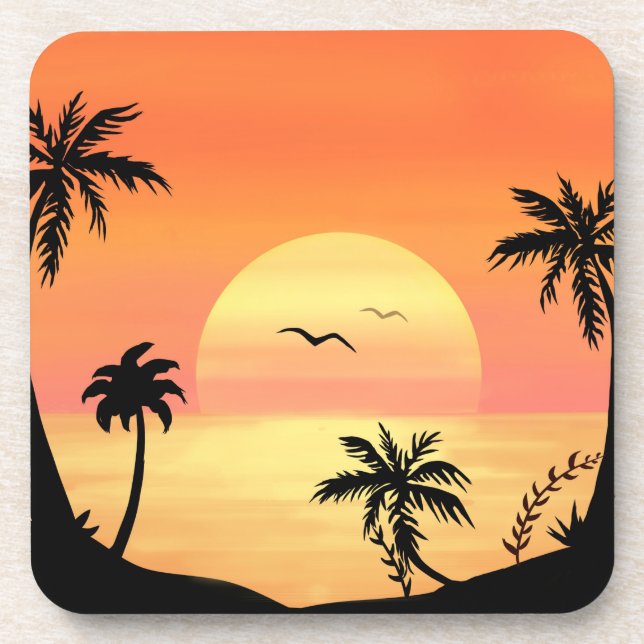 Tropical Beach Sunset Palm Tree Silhouette Art Beverage Coaster (Front)