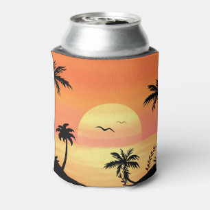 Tropical Beach Sunset Palm Tree Silhouette Art Can Cooler