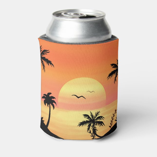 Tropical Beach Sunset Palm Tree Silhouette Art Can Cooler (Can Back)