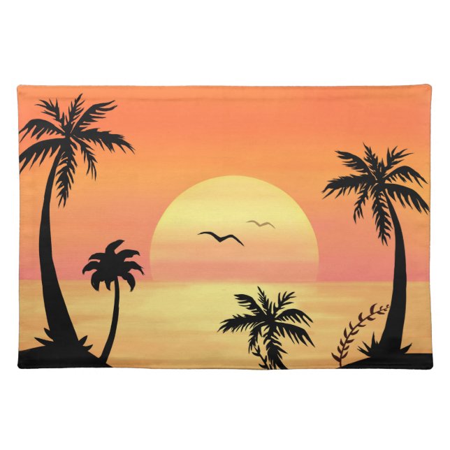 Tropical Beach Sunset Palm Tree Silhouette Art Cloth Placemat (Front)