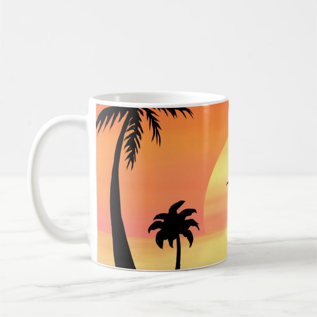 Tropical Beach Sunset Palm Tree Silhouette Art Coffee Mug (Left)