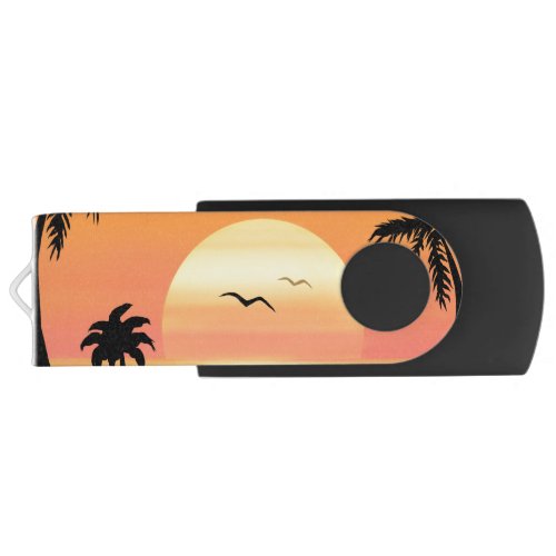 Tropical Beach Sunset Palm Tree Silhouette Art Flash Drive