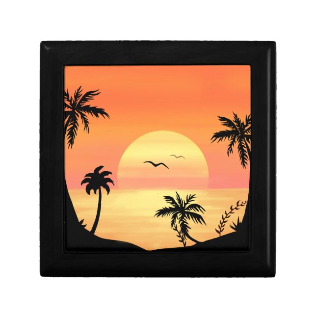 Tropical Beach Sunset Palm Tree Silhouette Art Gift Box (Front)