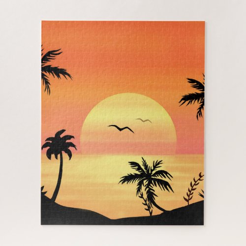 Tropical Beach Sunset Palm Tree Silhouette Art Jigsaw Puzzle