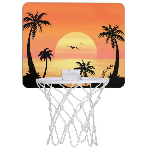 Tropical Beach Sunset Palm Tree Silhouette Art Mini Basketball Hoop