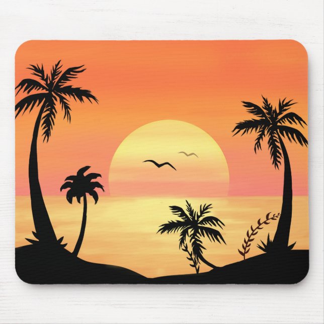 Tropical Beach Sunset Palm Tree Silhouette Art Mouse Pad (Front)