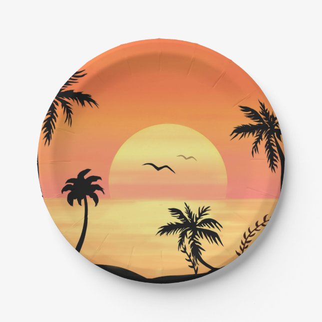 Tropical Beach Sunset Palm Tree Silhouette Art Paper Plates (Front)