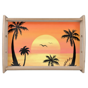 Tropical Beach Sunset Palm Tree Silhouette Art Serving Tray