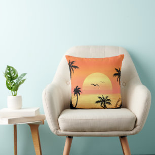 Tropical Beach Sunset Palm Tree Silhouette Art Throw Pillow