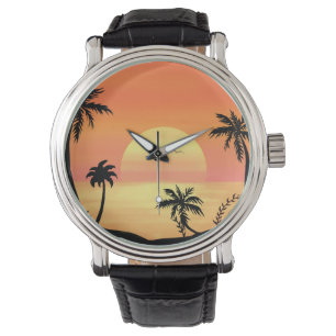 Tropical Beach Sunset Palm Tree Silhouette Art Watch