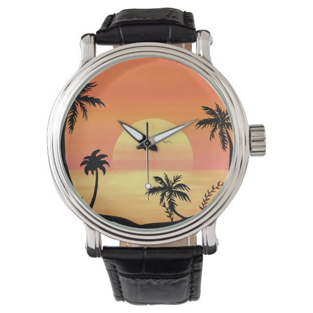 Tropical Beach Sunset Palm Tree Silhouette Art Watch (Front)