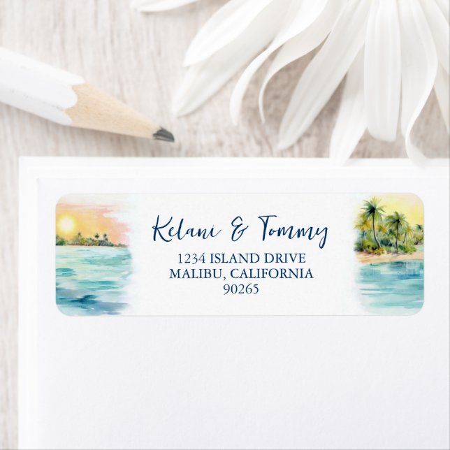 Tropical Beach Sunset & Palm Tree Wedding Address Label (Insitu)