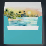 Tropical Beach Sunset & Palm Tree Wedding Envelope<br><div class="desc">Elevate your wedding invitation suite with these tropical envelopes featuring a beautiful turquoise color on the outside,  and opening to reveal a watercolor tropical beach at sunset,  palm trees and tranquil blue sea. Art by KL Stock</div>