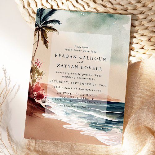 Tropical Beach Sunset Palm Tree Wedding Invitation