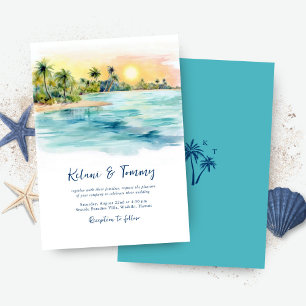 Tropical Beach Sunset & Palm Tree Wedding Invitation