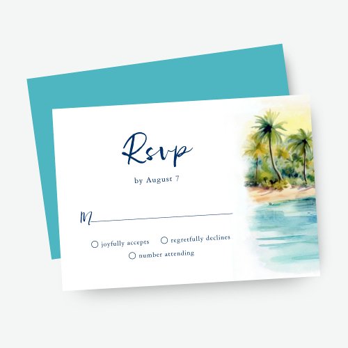Tropical Beach Sunset  Palm Tree Wedding RSVP Card