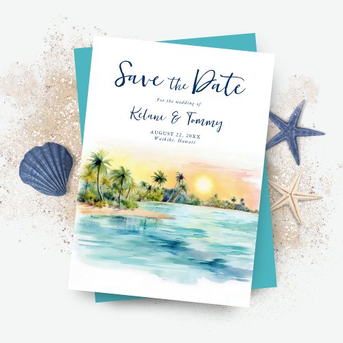 Tropical Beach Sunset  Palm Tree Wedding Save The Date