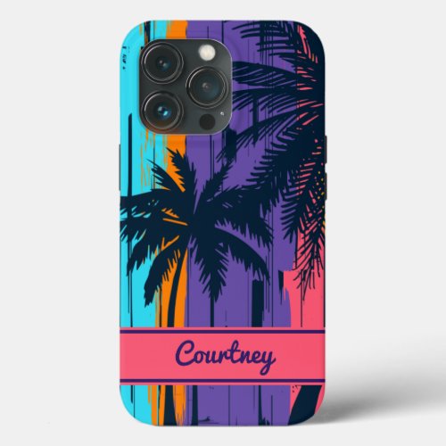 Tropical Beach Sunset Palm Trees Custom Name  iPhone 13 Pro Case