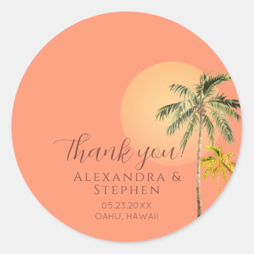 Tropical Beach Sunset  Palm Trees Minimal Wedding Classic Round Sticker