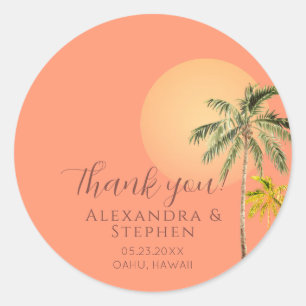 Tropical Beach Sunset & Palm Trees Minimal Wedding Classic Round Sticker