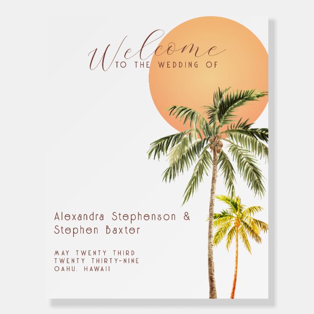 Tropical Beach Sunset & Palm Trees Minimal Wedding Foam Board (Front)