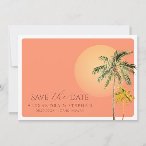 Tropical Beach Sunset  Palm Trees Minimal Wedding Save The Date